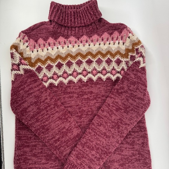 Lands' EndFair Isle Turtleneck Sweater Womens Medium Burgundy Pink Nordic Knit - Picture 2 of 8